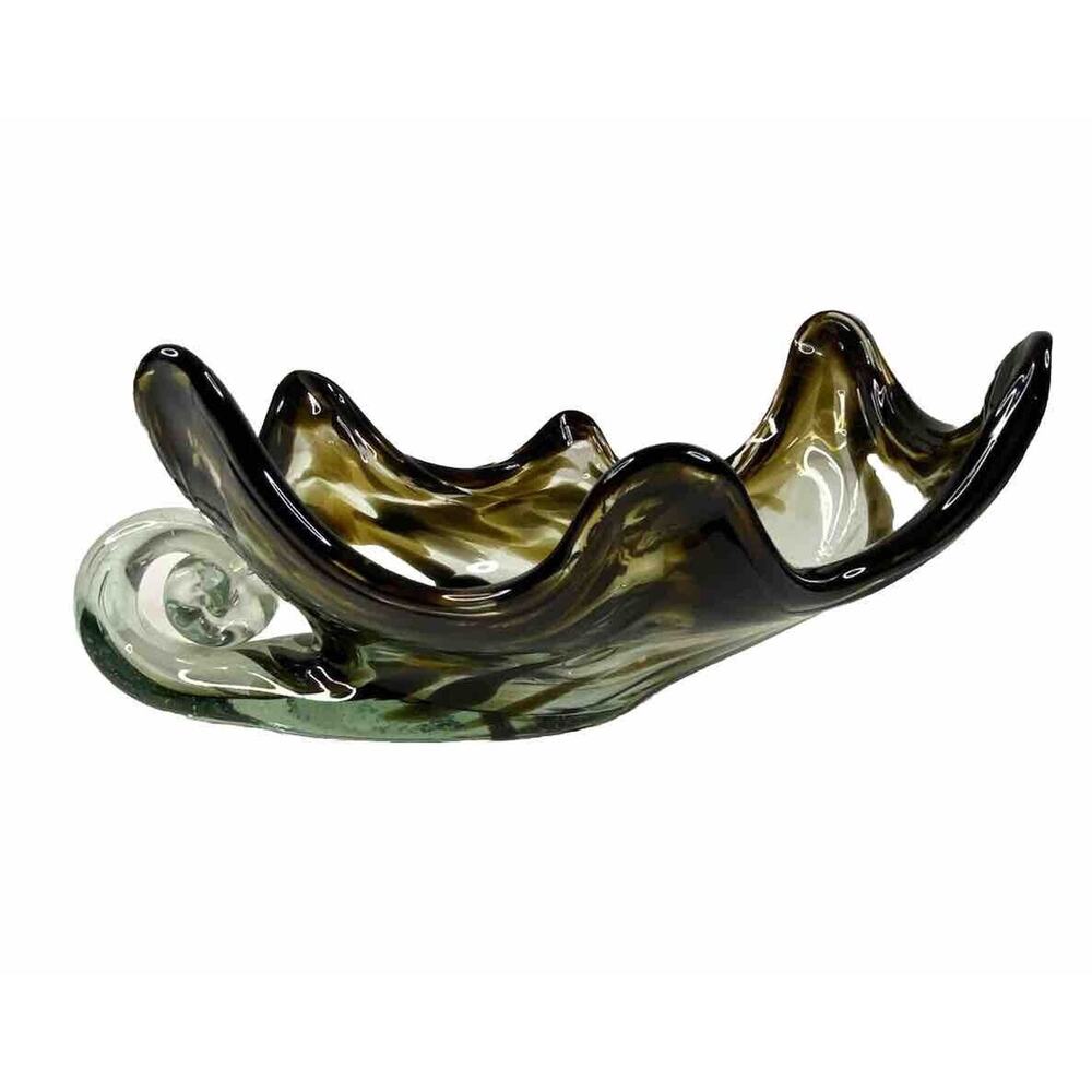 Vintage Hand Dark Brown Swirl Glass Cornucopia Curled Handle Dish Candy Bowl